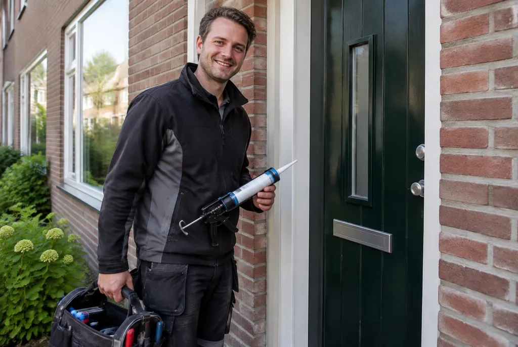 Vakman van Kitbedrijf Almelo bij de voordeur van een woning